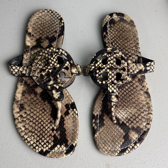 Tory Burch Shoes - TORY BURCH Miller Snake Printed Leather Warm Roccia Thong Sandals Flats 6 1/2